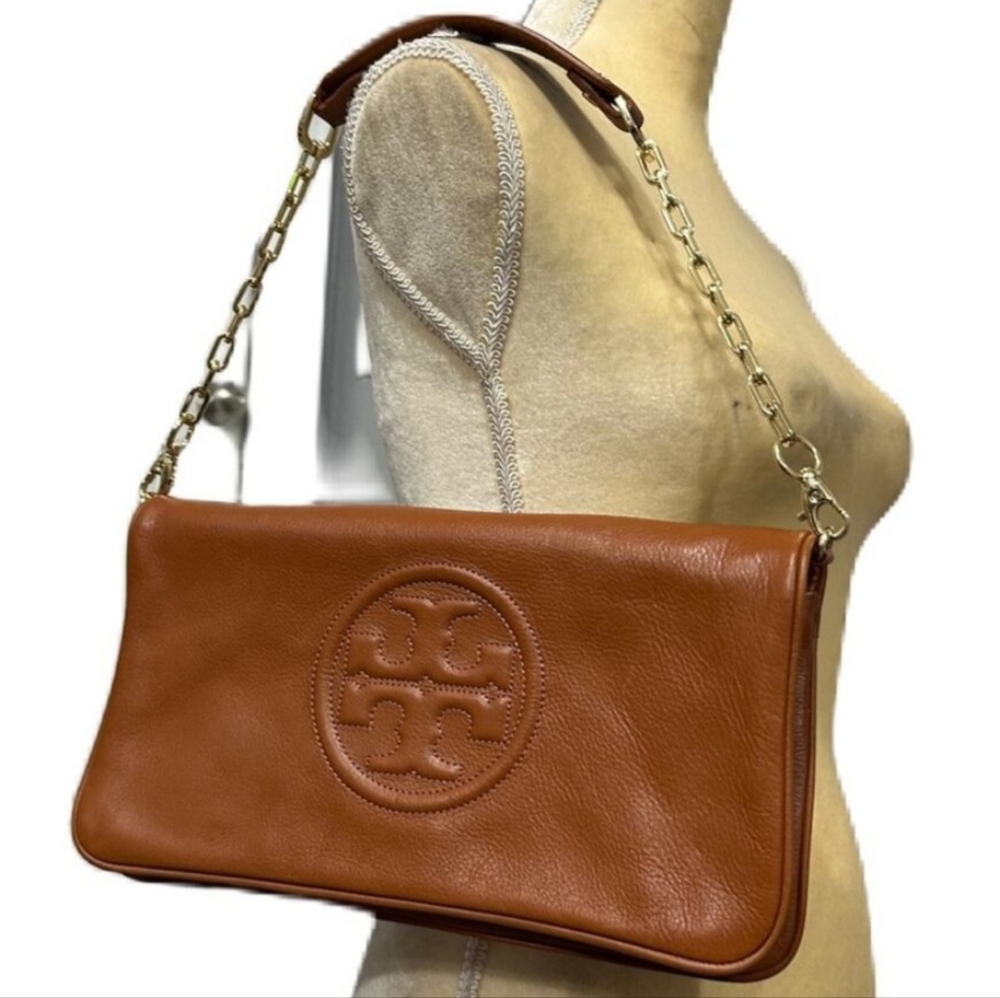 EUC Tory Burch Reva Hobo Cognac Gold Pebble Leather Chain Strap